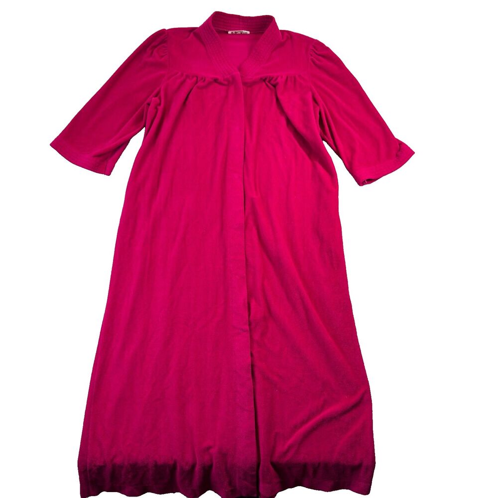 VTG Vanity Fair Robe Womens Large Pink Velour Snap Front Maxi Housecoat Sleep